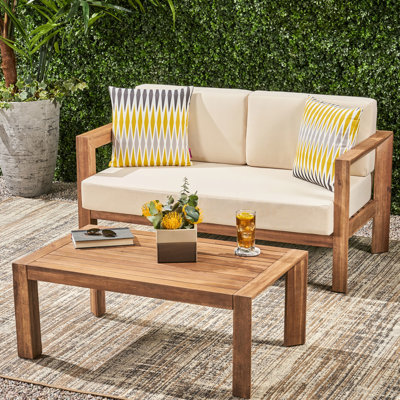 Wood : & Coffee Table With Soft, - Cushions, Beige Brown Outdoor : Comfortable Cushions And Open Slat Design,