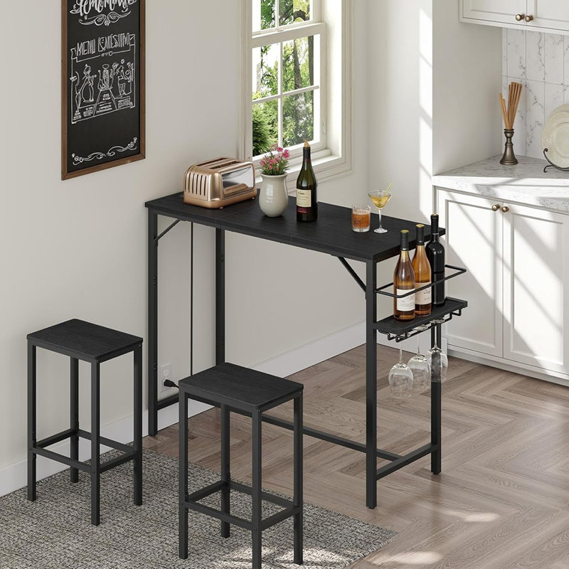 Table de pub à hauteur de comptoir avec station de charge - Table de salle à manger rectangulaire à haut plateau avec support à vin et porte-verre, noire, idéale pour la cuisine ou le bar à la maison