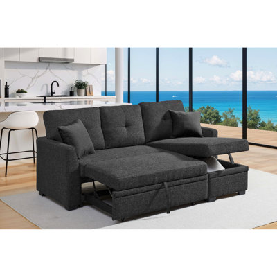 Canapé modulaire en lin gris anthracite de 76,5 po avec lit escamotable, méridienne réversible, espace de rangement, conception, coussins mi-ferme, rangement facile pour une chaise, coussins rembourrés de mousse, noir, 3 pièces