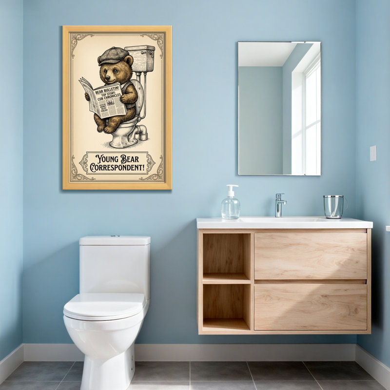 Bain et buanderie lisant un journal sur la toilette, Noir, H 24 po x l 16 po, Impression encadrée sans passe-partout
