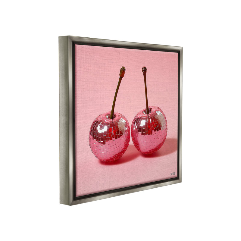 «Reflective Cherries On Pink Floater Frame» par RB on, Cadre flottant gris lustré, H 25 po x l 25 po