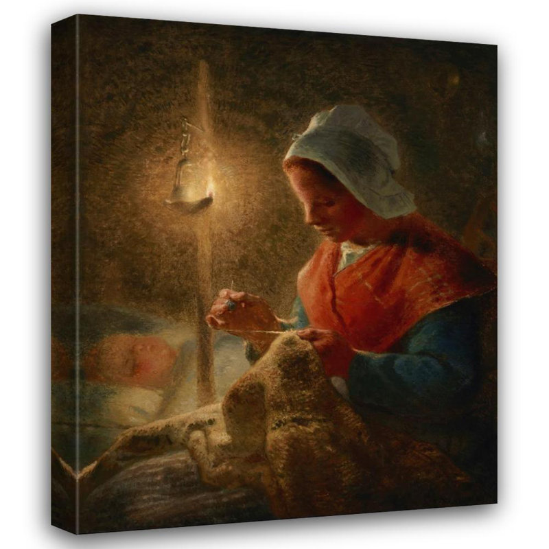 «Woman Sewing by Lamplight» par Jean-François Millet - Art mural sur toile tendue avec châssis, H 24 po x l 17 po