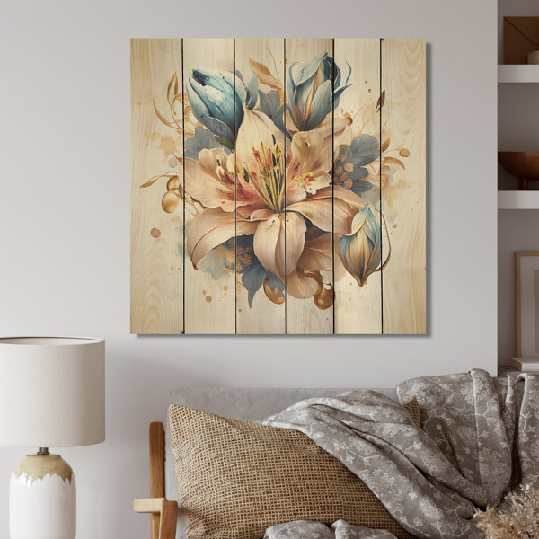 House of Hampton® Gold And Blue Lily Bouquet II On Wood Print | Wayfair