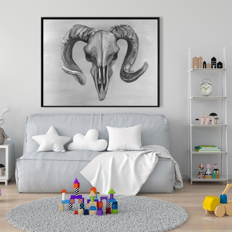 Grayscale Aries Skull Print On Canvas