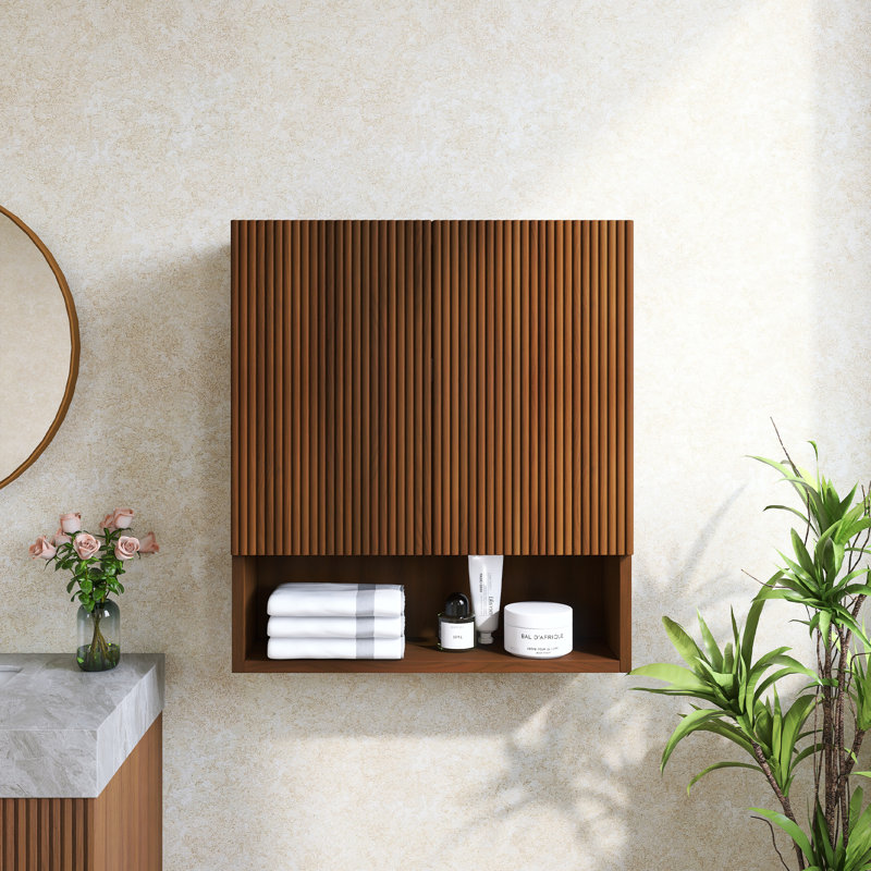 Armoire de salle de bain murale à rayures, avec portes, tablette et compartiment de rangement ouvert, couleur grain de bois noyer Drak