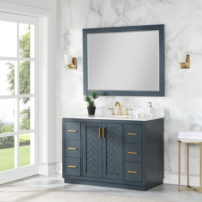 Gazsi 48" Single Bathroom Vanity Set With Grain White Engineered Stone Countertop With Mirror