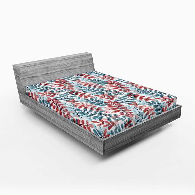 Drap-housse rustique Ambesonne, Drap-housse très grand californien, Blanc cassé, rubis, bleu cadet / floral