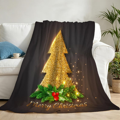 Jeté en flanelle dorée et molletonnée en flanelle, sapin avec imprimé recto de Noël