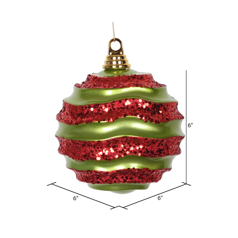 Ornement de Noël boule rayée et scintillante, H 6 po x l 6 po x P 6 po, Lime / rouge