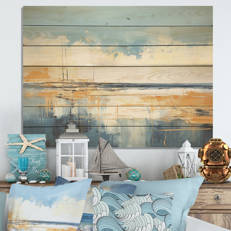 «Blue and Yellow Seaside Simplicity II» - minimalisme côtier sur bois, H 30 po x l 40 po x P 0,78 po