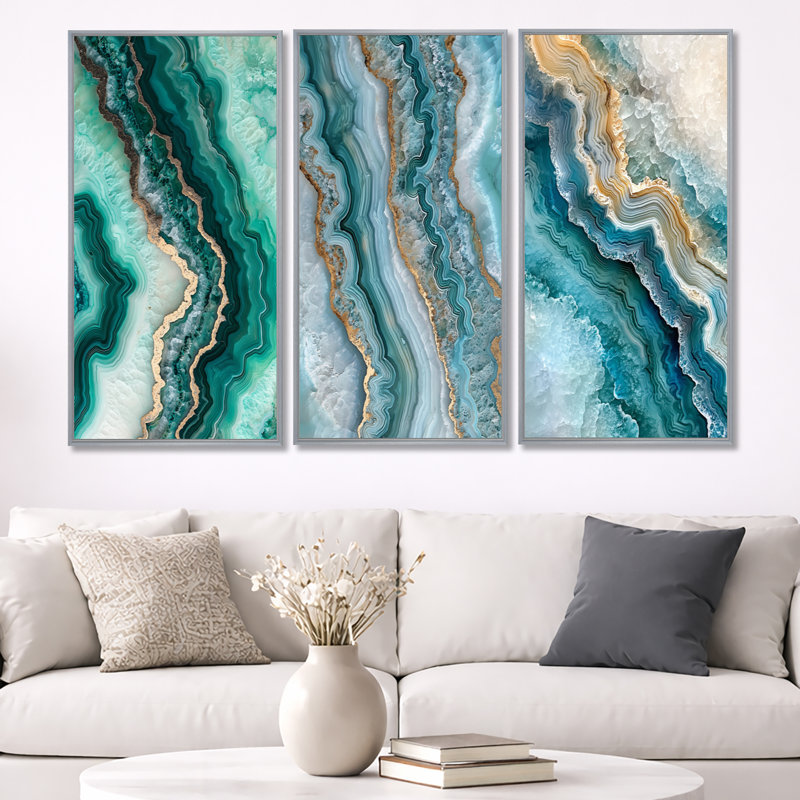 «Agate Dream River III - Green Geode», ensemble de 3 toiles d'art encadrées, H 32 po x l 48 po, Encadrement argenté