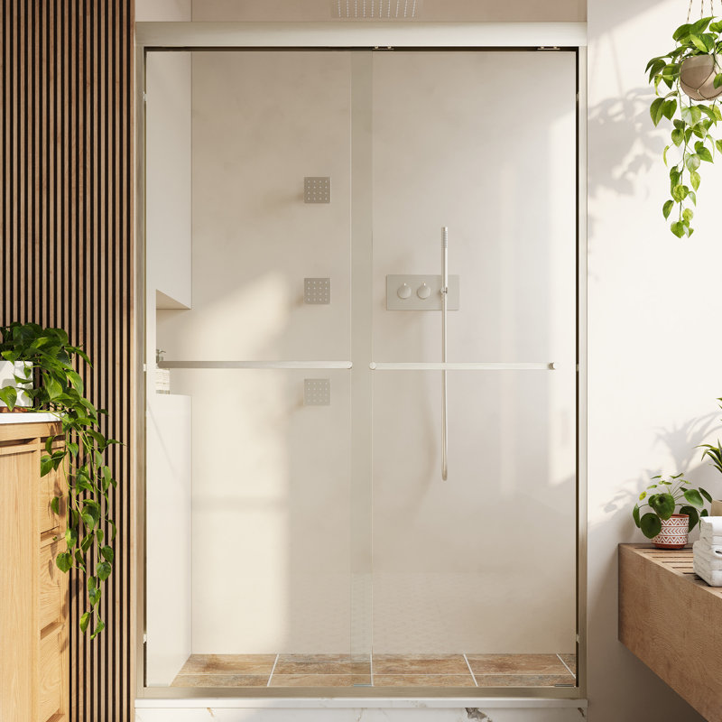 Porte de douche coulissante double de 44 à 48 po x H 72 po avec porte coulissante à double cadre avec verre trempé et barre de verre trempé et nickel brossé, nickel brossé