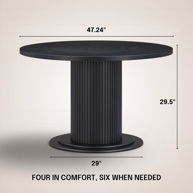 Summit 47 Inch Round Dining Table, Seats 4 to 6, Solid Oak Ribbed Pedestal Base, Modern Water & Heat Resistant Top for Dining Room & Kitchen, Easy Assembly, Burnt Black 