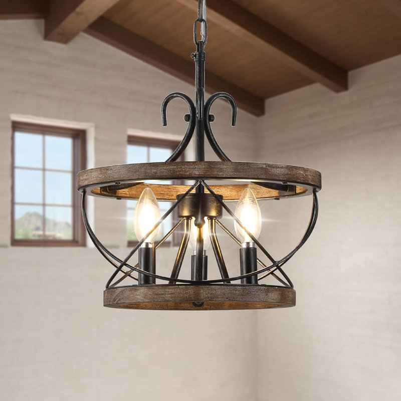 Luminaire de style lustre de style campagnard avec 3 lumières, conception de tambour en bois rustique pour la salle à manger, la cuisine et la lampe suspendue dans le vestibule