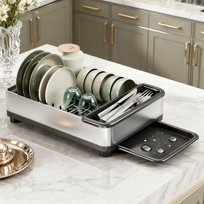 Égouttoir à vaisselle en acier inoxydable avec drainage automatique, organisateur de cuisine peu encombrant avec ustensiles et porte-gobelets pour comptoir