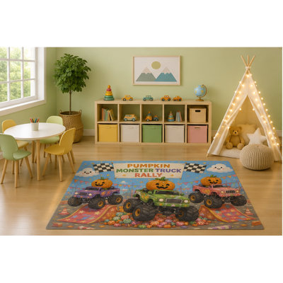 "Ultra Lightweight" 5'x7' Pumpkin Monster Truck Rally Kids Area Rug, Cute Halloween Monster Trucks Racing Cartoon Playroom Nursery Bedroom Decor, Non-Slip Silicone Backing Low Pile