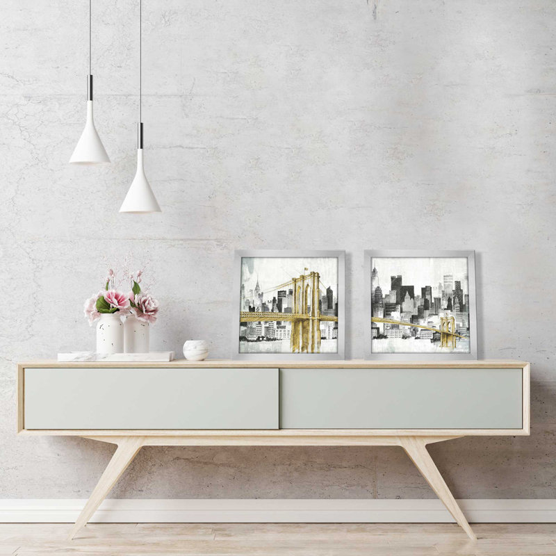 New York Skyline I, pont jaune encadré sur papier, ensemble de 2 pièces