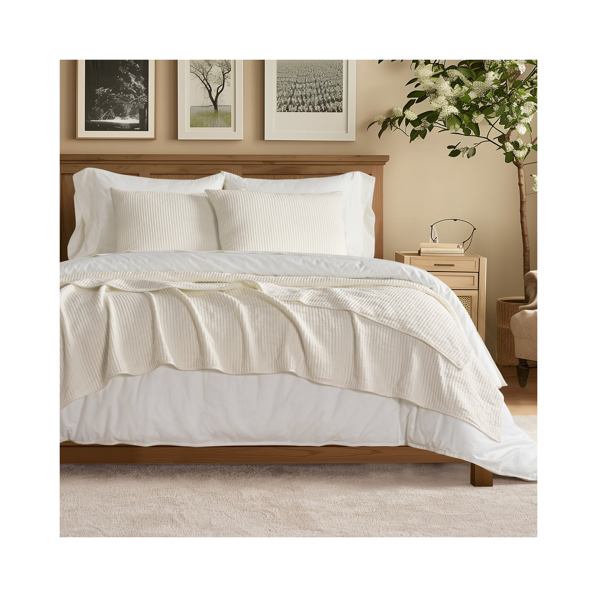 Ribbed Matelassé Cotton Coverlet Set, King Quilt + 2 King Shams, Cream