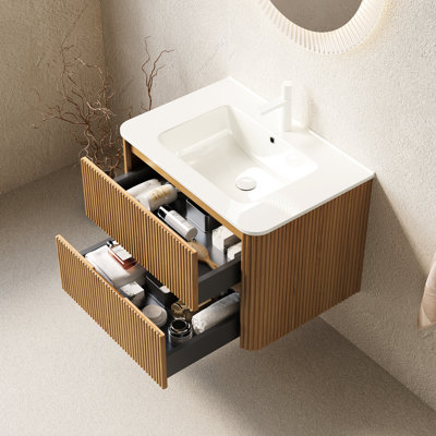 Meuble-lavabo mural de 30 po avec lavabo rectangulaire en céramique blanc, armoire de rangement en contreplaqué, 2 tiroirs, comptoir courbé naturel, système de tiroir à fermeture en douceur, lavabo scandinave moderne,