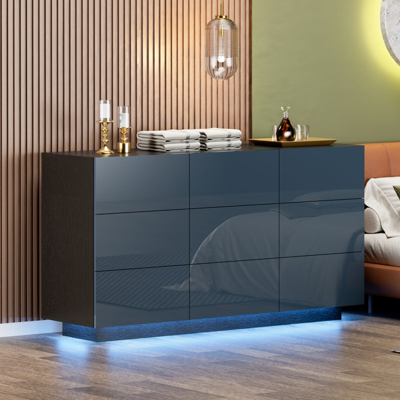 Kimbereley 9 Drawer 55.1" W High Gloss Dresser With Led Light, Navy Blue