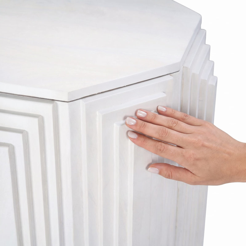Rustic White 22" x 26" Accent Table with Geometric Octagonal Design, White Wood