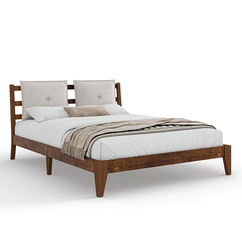 Lit en bois massif Goggin avec tête de lit en peluche amovible, Beige, Très grand