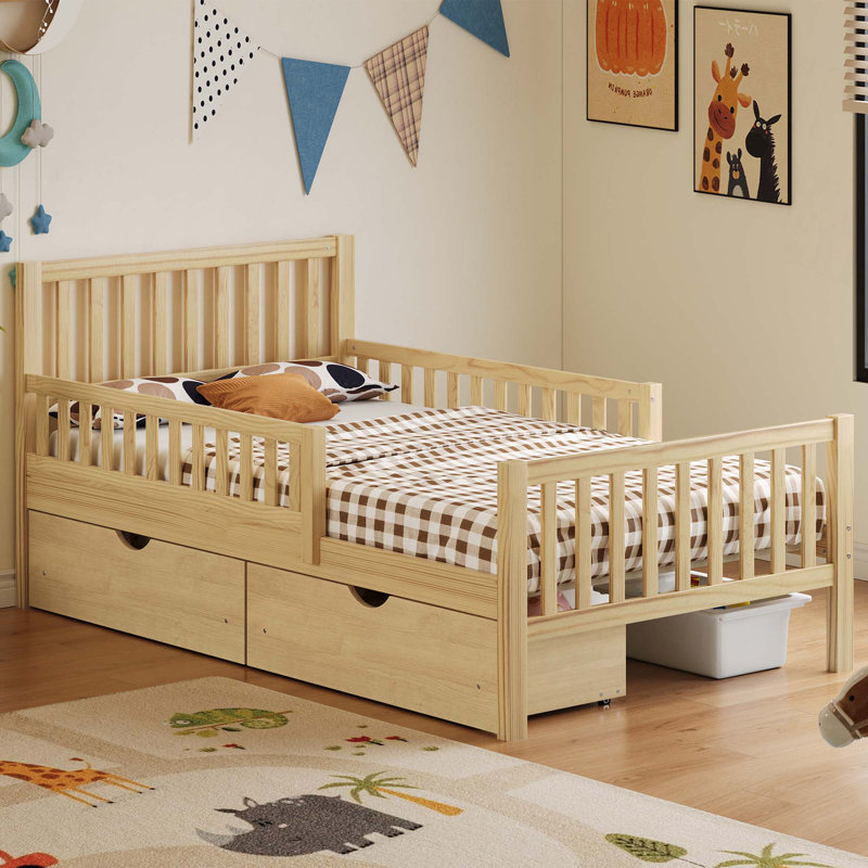 Lit plateforme en bois avec garde-corps des deux côtés et deux tiroirs de rangement, Lit simple