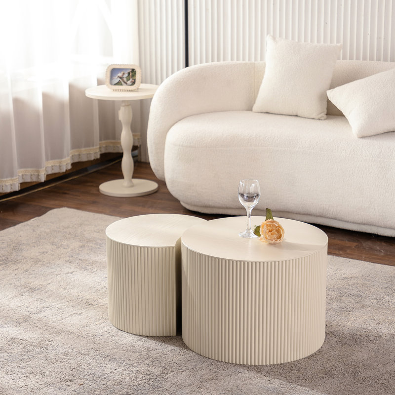 Table basse en bois sans assemblage pour appartement, beige et blanc, espace de vie moderne fabriqué à la main, rond, requis