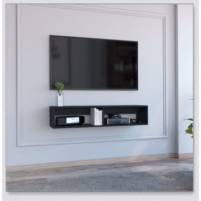 Meuble télé Rockwood avec tablettes de rangement ouvertes et gestion des câbles, parfait pour la vie moderne et les espaces organisés.