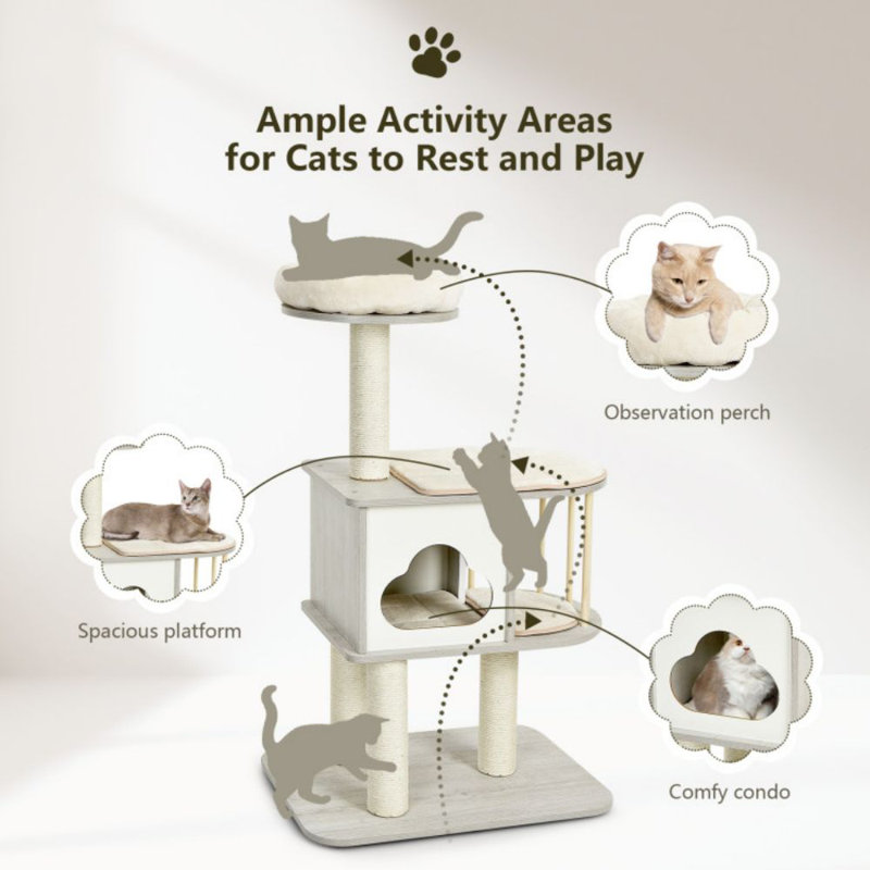 46'' Gray Wooden Cat Tree with Sisal Posts and Cushions