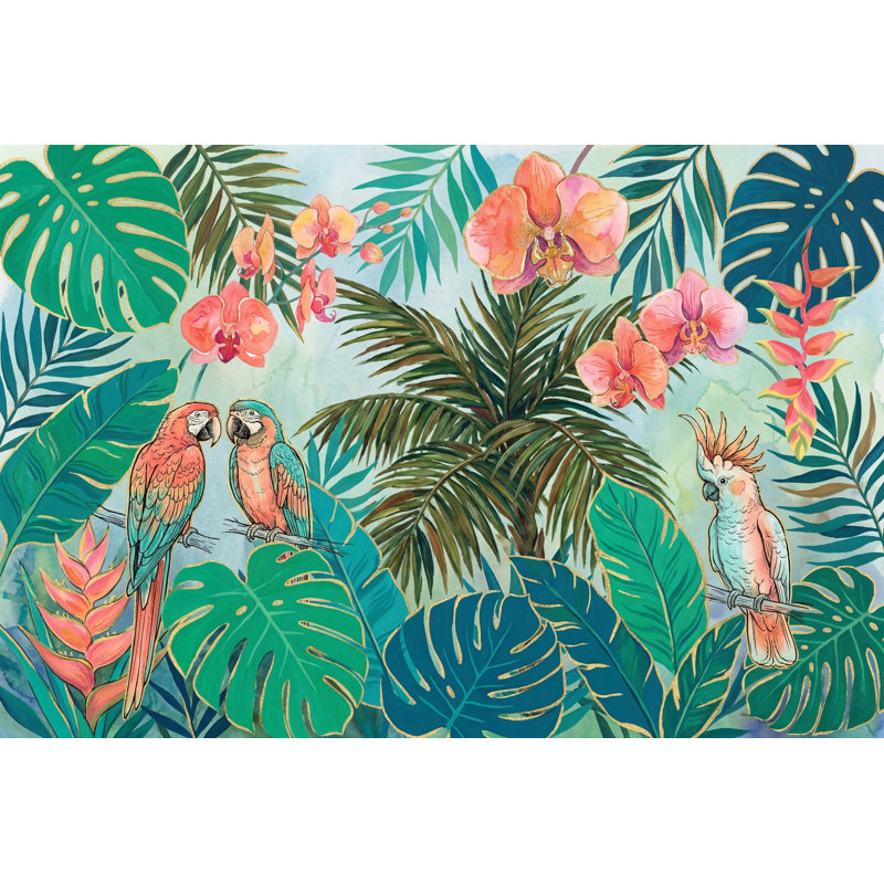Papier peint tropical, aquarelle et feuillage de jungle, 200 po x 120 po, Texturé non collé