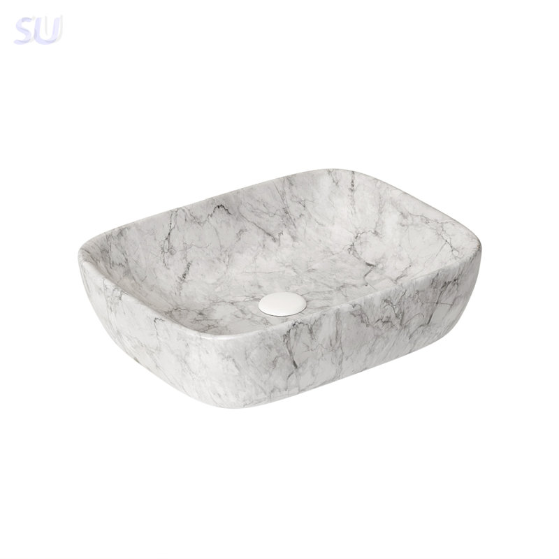 19'' Volakas White Marble Pattern Ceramic Bathroom Sink, Durable And Stain-Resistant For Modern Bathrooms
