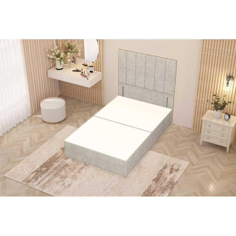 Asterin Divan Bed Base with 54" Floor Standing Headboard Plush Velvet, Silver, Single (3'), No Drawers