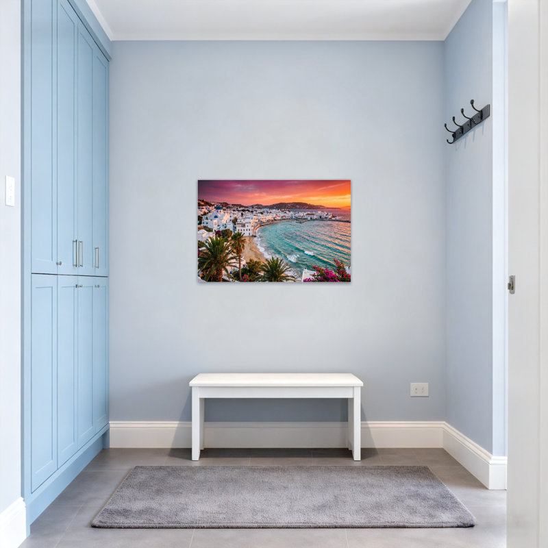 Paysage et nature, coucher de soleil, côte, bâtiments blancs, palmiers, vue sur l'océan, H 28 po x l 40 po