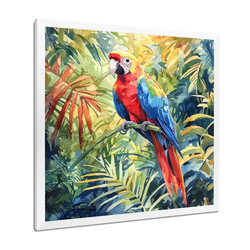 Chyrell, perroquet tropical dans la forêt tropicale I - art mural perroquet, H 16 po x l 16 po, Picture Framed Print, Blanc