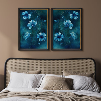 Elegant Blue Floral Botanical Wall Decor for Living Room Bedroom or Entryway Framed Wall Art 26"x36" Set of 2