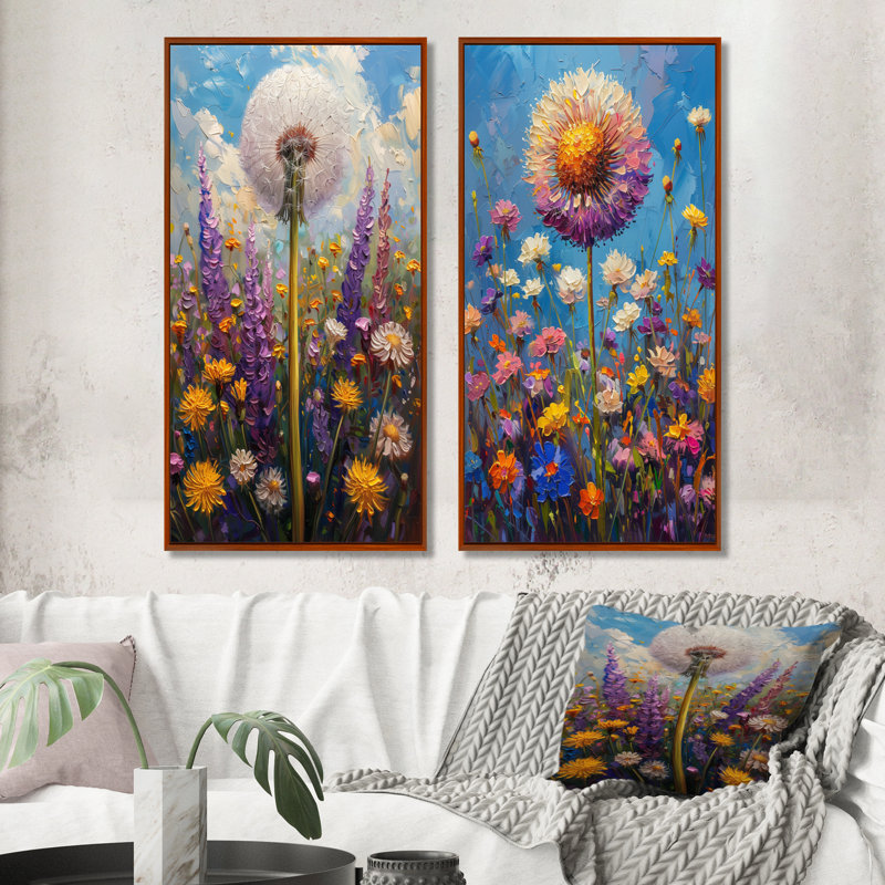 Ensemble de 2 pièces de pissenlit blanc et mauve blanc I - Pissenlit, H 40 po x l 40 po, Impression encadrée, Brun