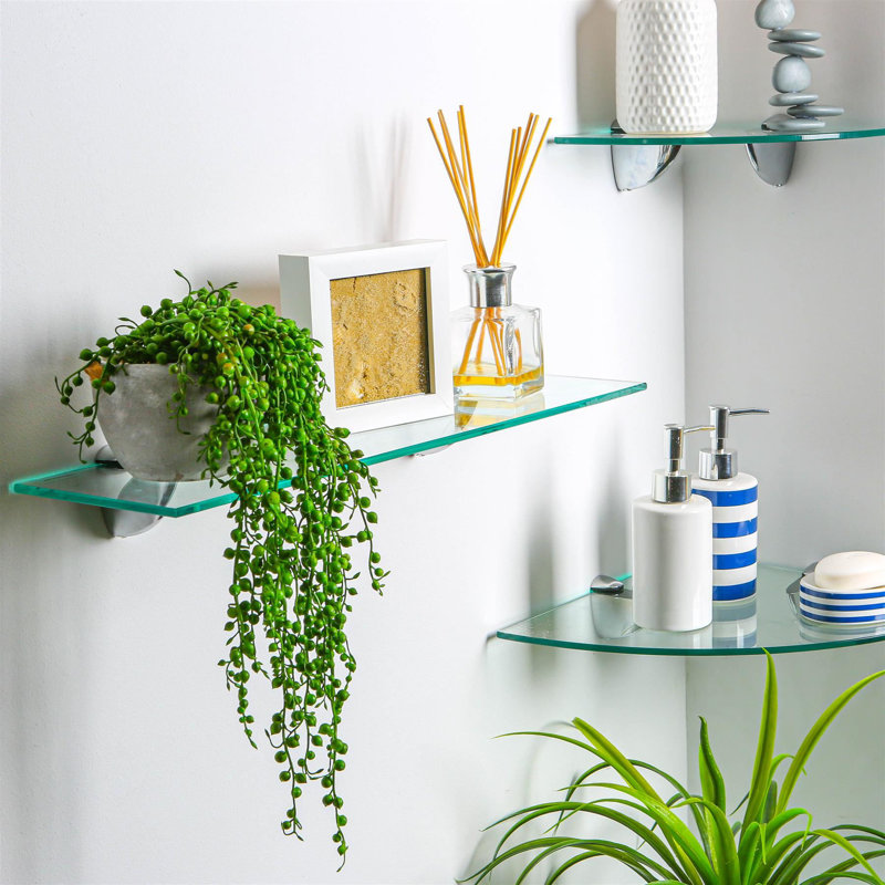 Harbour Housewares - Floating Glass Corner Shelf with Metallic Brackets, 30 H x 30 W x 0.5 D cm, Gold