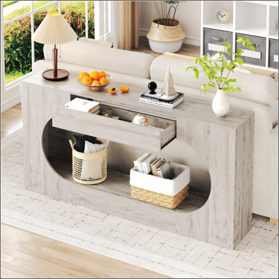 Console moderne en bois gris imitation bois, table d'entrée en panneaux de particules avec tiroir de rangement, table d'appoint étroite ovale ajourée pour canapé, idéale pour le hall d'entrée, le salon ou toute autre pièce, 30 cm (P) × 160 cm (L) × 80 cm (H)