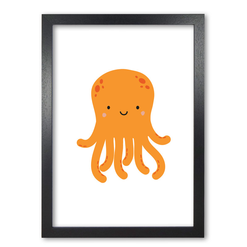 Children's Animals, Octopus - Single Picture Frame Print, 30 cm H x 21 cm W x 5 cm D, Black Grain Frame