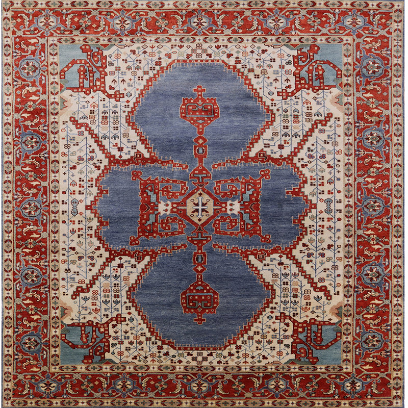 Tapis géométrique rouge / bleu / beige, Carré 7 pi