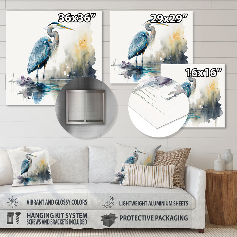 Mignon héron dans un lac, art floral III - décoration murale moderne en métal, H 23 po x l 23 po x P 1 po