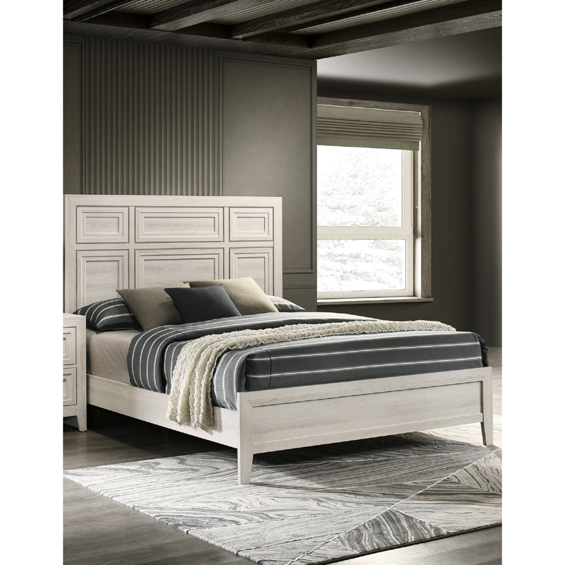 Grand lit avec panneau blanc antique, style contemporain, détails encastrés, structure en bois, mobilier de chambre à coucher, sommier tapissier requis, conception, assemblage simple