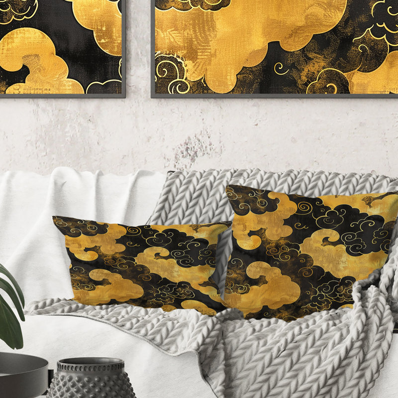 Nuage chinois doré noir I - Coussin décoratif traditionnel chinois, H 16 po x l 16 po, Carrée