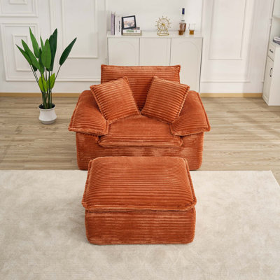 Oversized Sofa Chair and a Half with Deep Seat and Movable 2-Layer Ottoman Set, Cloud Sofa Bed with Chaise, 1-Seater Modular Sectional Sleeper Couch for Living Room, No Assembly Teddy-Fleece