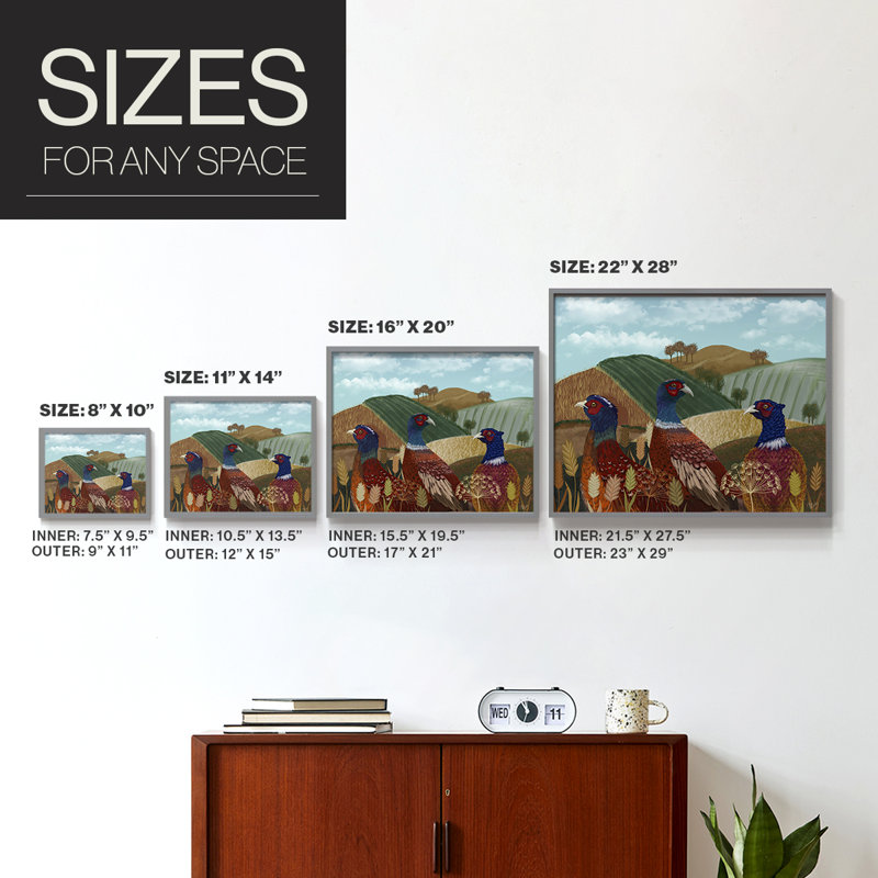 Trio de faisans dans un champ - Reproduction encadrée - Restickable, Gris, H 16 po x l 20 po