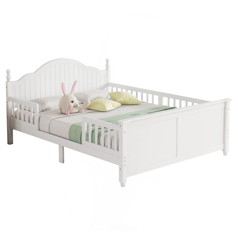 Lit double pour enfants, lit plateforme double en bois avec tête et pied de lit, Full, White