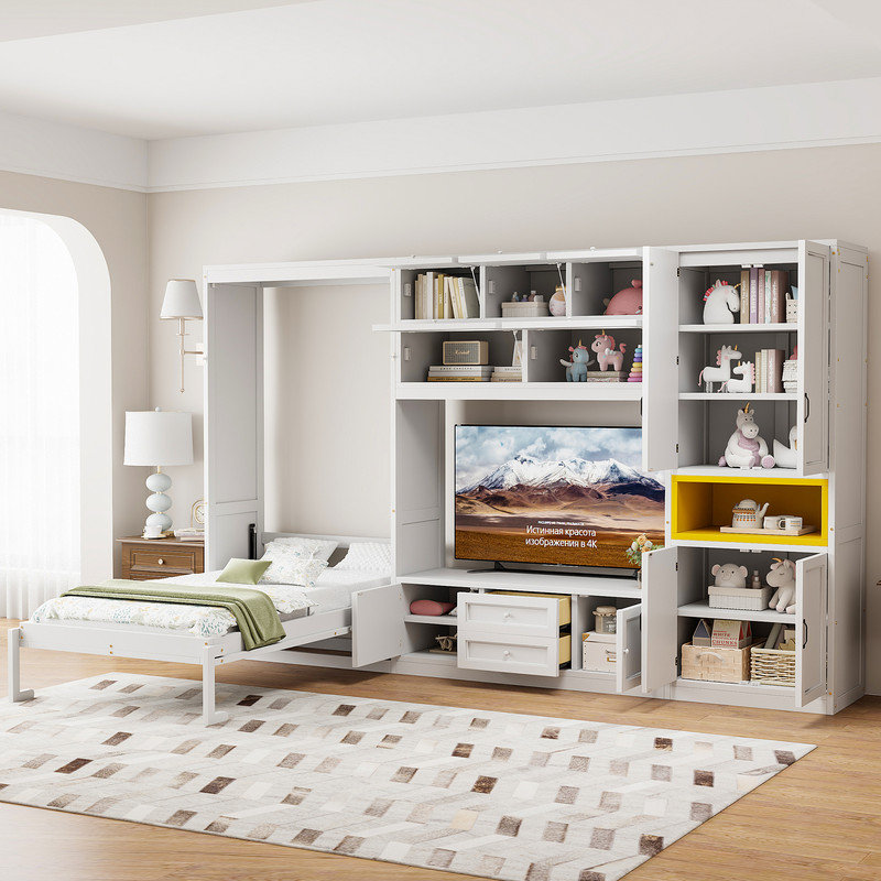 Lit escamotable simple avec tiroir de rangement et armoires, Blanc