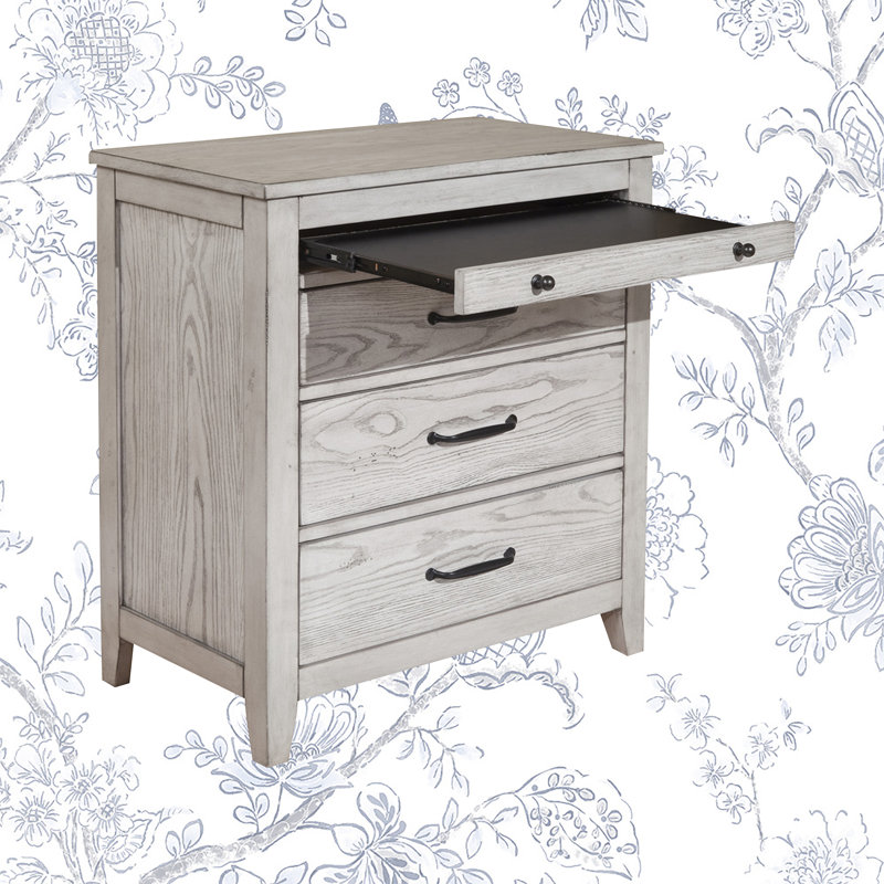 Transitional Gray 3-Drawer Nightstand with Pull-Out Tray