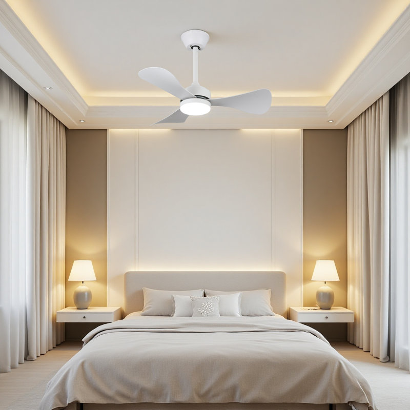 28" Modern Downrod Mount Ceiling Fan with LED Light, 3 ABS Blades, DC Motor, Acrylic Shade, Remote Control for Bedroom, Study or Small Living Spaces
